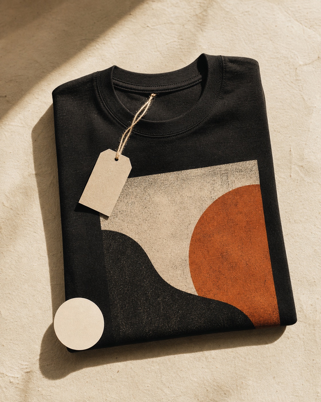 Mockup detail kaus hitam dengan hangtag dan desain geometris